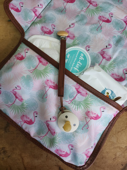 Baby Clutch Tan Leather - Flamingo Design